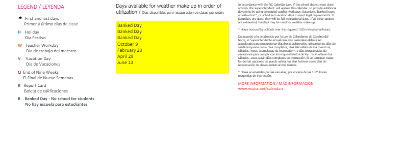 District School Academic Calendar Key for Partnership Elementary