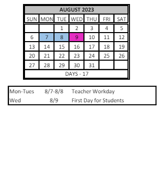 District School Academic Calendar for John H Castle Elementary Sch for August 2023