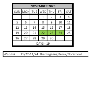 District School Academic Calendar for John H Castle Elementary Sch for November 2023