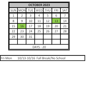 District School Academic Calendar for John H Castle Elementary Sch for October 2023