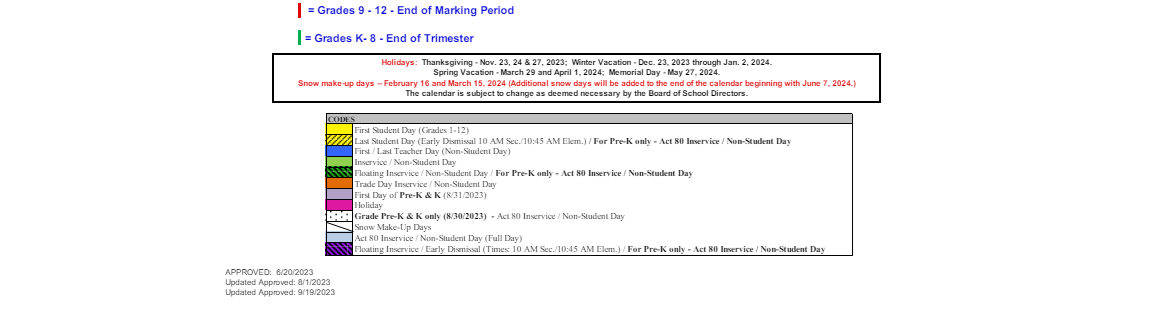 District School Academic Calendar Key for Wyman School