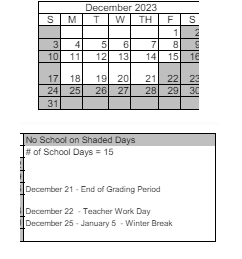 District School Academic Calendar for Peavine Elementary School for December 2023