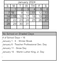 District School Academic Calendar for Peavine Elementary School for January 2024