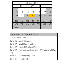 District School Academic Calendar for Peavine Elementary School for June 2024