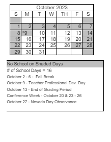 District School Academic Calendar for Peavine Elementary School for October 2023