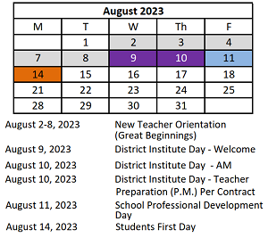 District School Academic Calendar for Early Learning Center for August 2023
