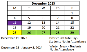 District School Academic Calendar for Early Learning Center for December 2023