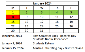 District School Academic Calendar for Early Learning Center for January 2024