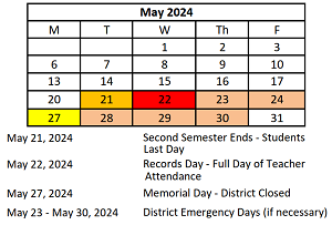District School Academic Calendar for Early Learning Center for May 2024