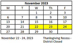 District School Academic Calendar for Early Learning Center for November 2023