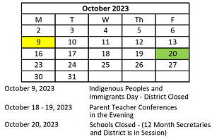 District School Academic Calendar for Early Learning Center for October 2023