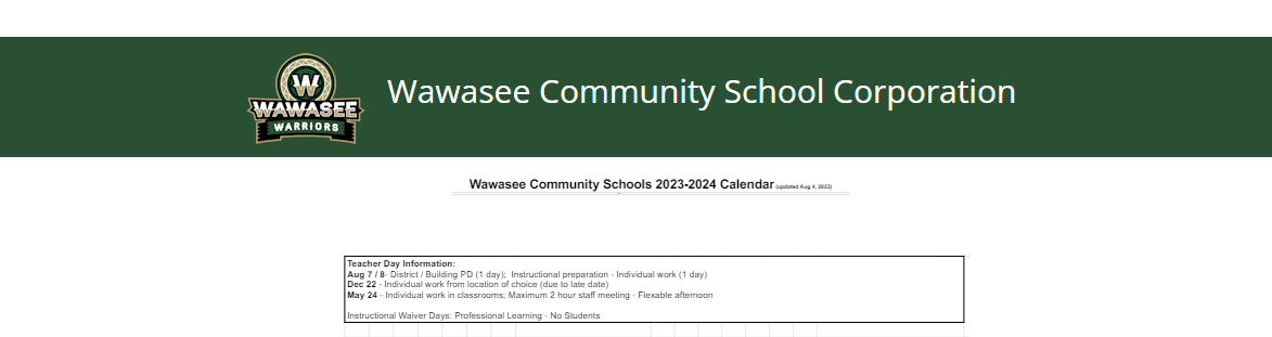 District School Academic Calendar Key for Wawasee Middle School
