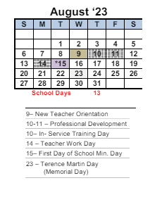 District School Academic Calendar for Sheldon Elementary for August 2023
