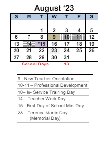 District School Academic Calendar for Transition Learning Center for August 2023