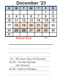 District School Academic Calendar for Hanna Ranch Elementary for December 2023