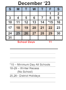 District School Academic Calendar for Vista High (alt) for December 2023