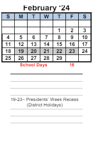District School Academic Calendar for Transition Learning Center for February 2024