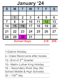 District School Academic Calendar for King Elementary for January 2024