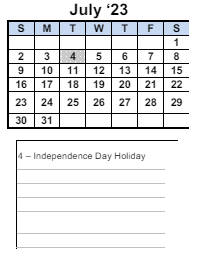 District School Academic Calendar for King Elementary for July 2023