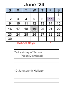 District School Academic Calendar for Manzanita Middle for June 2024