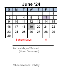 District School Academic Calendar for Stege Elementary for June 2024