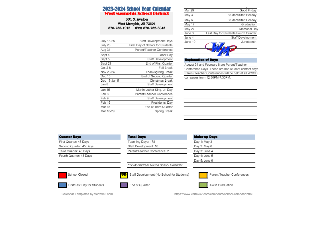 District School Academic Calendar Key for East Junior High School