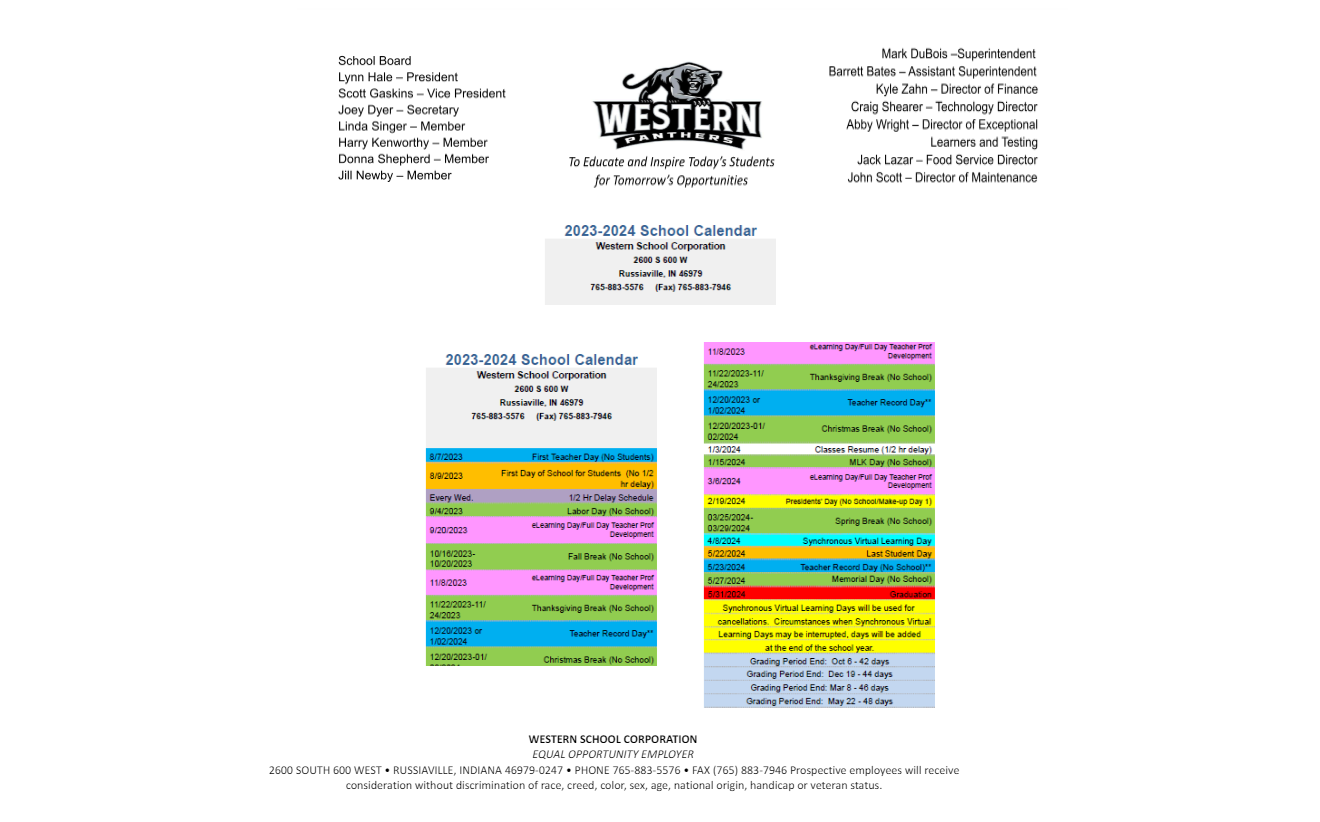 District School Academic Calendar Key for Western High School