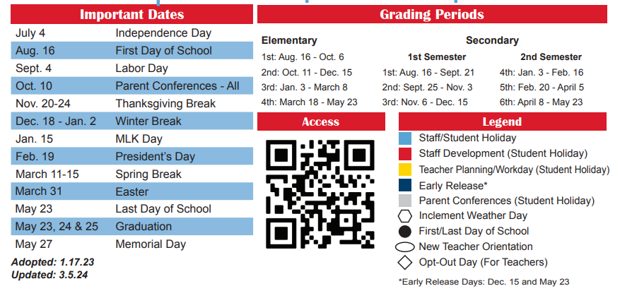 District School Academic Calendar Key for Cunningham School