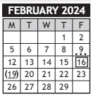 District School Academic Calendar for Chisholm Life Skills Center for February 2024