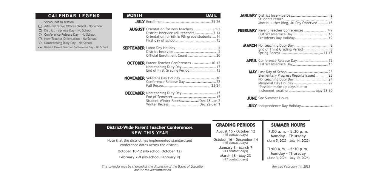 District School Academic Calendar Key for Chisholm Life Skills Center