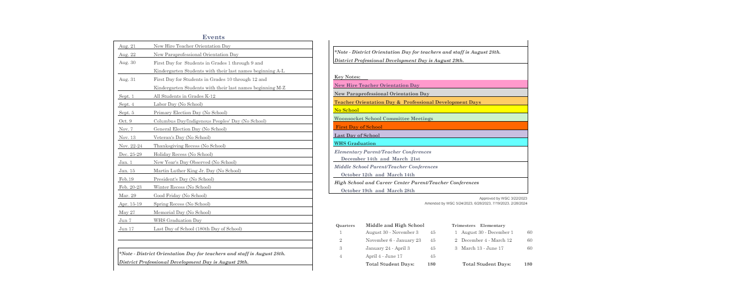 District School Academic Calendar Key for Woonsocket High School