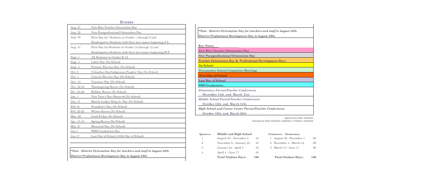 District School Academic Calendar Key for Social Street School