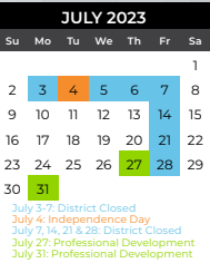 District School Academic Calendar for Burnett Junior High School for July 2023