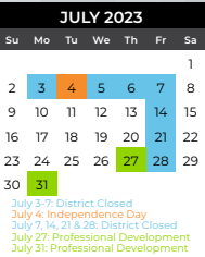 District School Academic Calendar for Hartman Elementary for July 2023