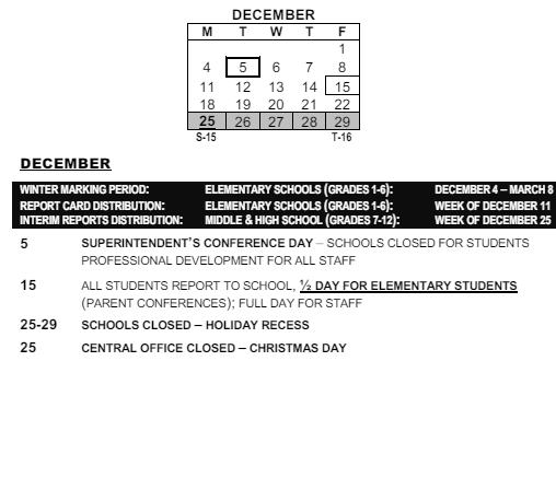 District School Academic Calendar for Montessori School 27 for December 2023