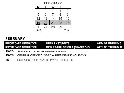 District School Academic Calendar for Montessori School 27 for February 2024