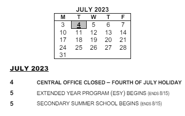 District School Academic Calendar for Montessori School 27 for July 2023