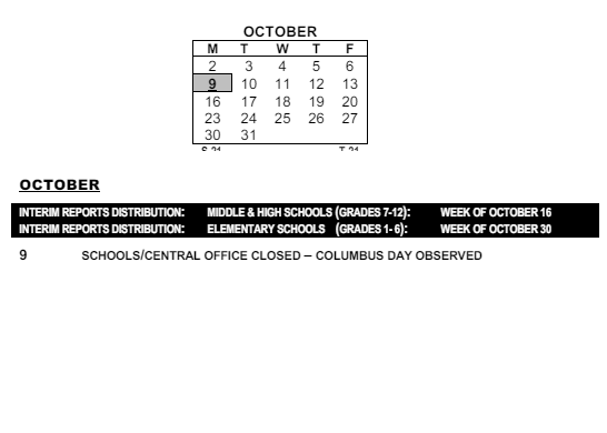 District School Academic Calendar for Montessori School 27 for October 2023
