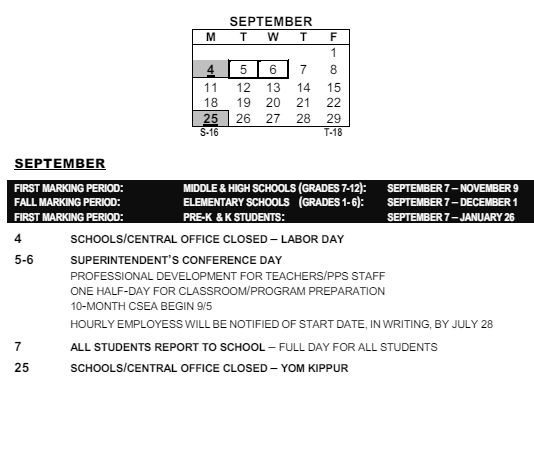 District School Academic Calendar for Montessori School 27 for September 2023