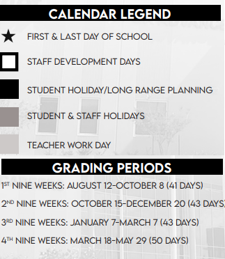 District School Academic Calendar Legend for Alief Middle