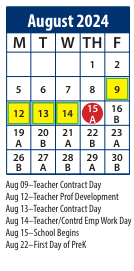 District School Academic Calendar for Central School for August 2024