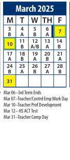 District School Academic Calendar for Central School for March 2025