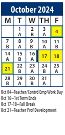 District School Academic Calendar for Central School for October 2024