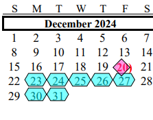 District School Academic Calendar for G W Harby Junior High for December 2024