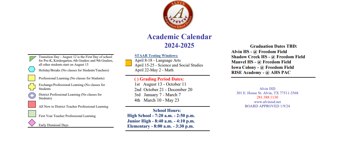 District School Academic Calendar Key for Alvin Junior High