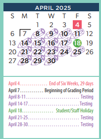 District School Academic Calendar for Amarillo Area Ctr For Advanced Lrn for April 2025