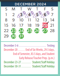 District School Academic Calendar for Bowie Middle for December 2024