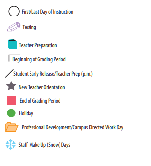 District School Academic Calendar Legend for Bowie Middle