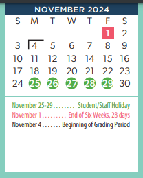 District School Academic Calendar for Pleasant Valley Elementary for November 2024