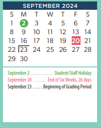 District School Academic Calendar for Bivins Elementary for September 2024